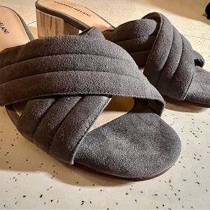 Antonio Melani | Genuine Suede Gray Quilted Crossover Block Heel Slide Sandals